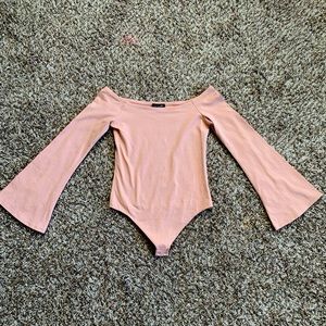 Nude off shoulder bell sleeve bodysuit